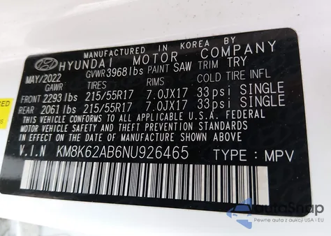 2022 Hyundai Kona Sel из США, поврежденный, VIN KM8K62AB6NU926465